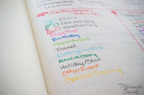 A list of colours used in a monthly spread and a future log in a bullet journal