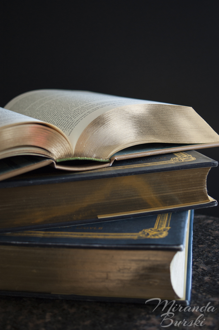 A stack of three books with gold-edged pages.